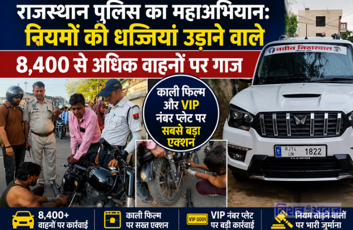 राजस्थान पुलिस का महाअभियान: नियमों की धज्जियां उड़ाने वाले 8,400 से अधिक वाहनों पर गाज, काली फिल्म और VIP नंबर प्लेट पर सबसे बड़ा एक्शन