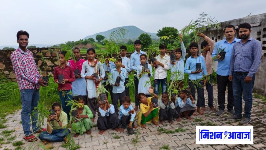 करौली - रा.उ.प्रा.वि.बबूलखेड़ा में एबीएफ टीम के राजेश माली ने फलदार पौधे वितरित किए