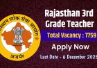राजस्थान तृतीय श्रेणी शिक्षक भर्ती 2025: लेवल-1 और लेवल-2 के लिए कुल 7759 पद, ऑनलाइन आवेदन शुरू